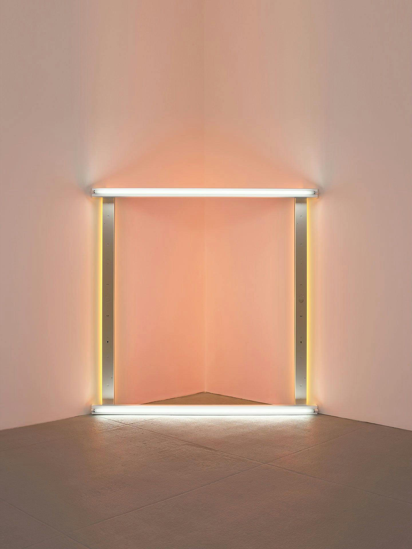 A sculpture in daylight, yellow, and pink fluorescent light by Dan Flavin, titled untitled (to the "innovator" of Wheeling Peachblow), daetd 1966 to 1968.